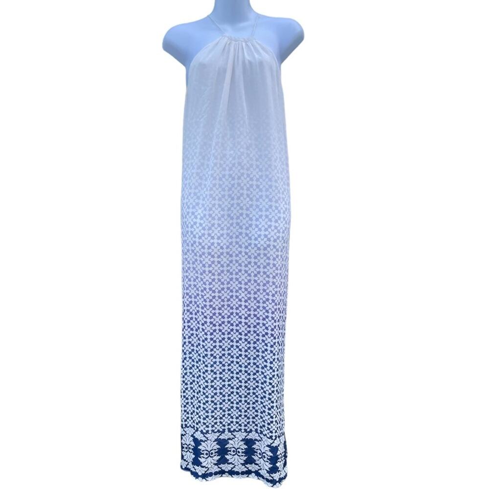 Tangerine White and Blue Floral ombré halter top maxi dress